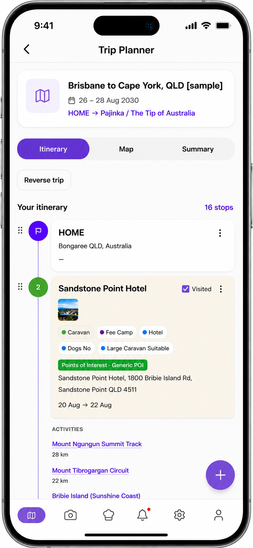 Trip Planner itinerary with stops, tags and activities