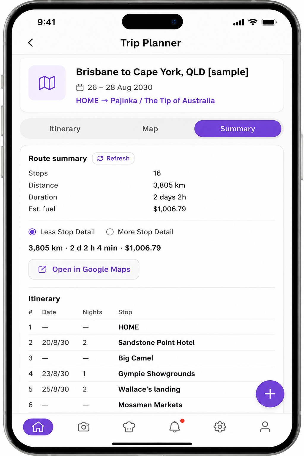 Trip Planner route summary with distance, duration and estimated fuel